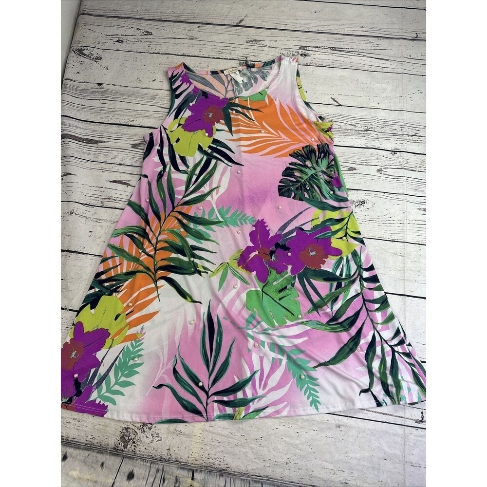 Prelude Pink Tropical Floral Pearl Sleeveless Swing Dress Womens Large 3529680E